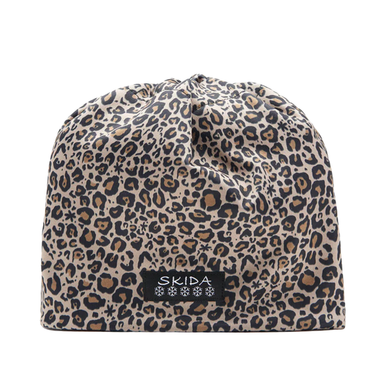 Leopard print drawstring bag with 'SKIDA' label on a white background
