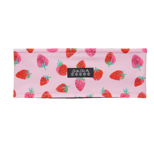 Pink and red strawberry print headband with skida logo on white background