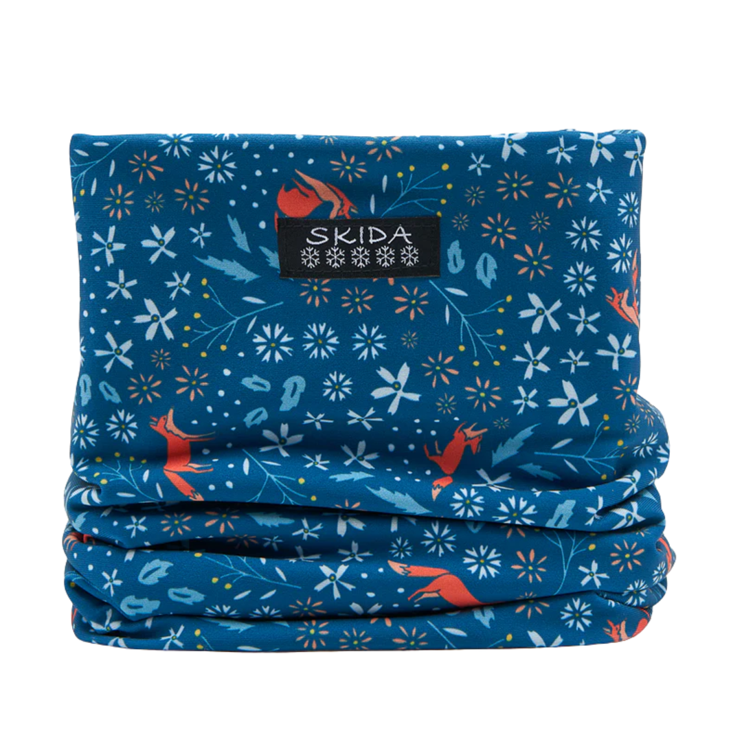 Skida Alpine Fleece Neckwarmer - First Frost blue and red fox print design on a white background