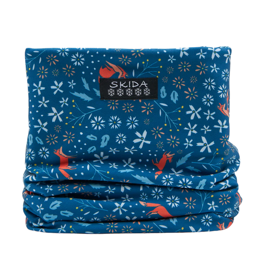 Skida Alpine Fleece Neckwarmer - First Frost blue and red fox print design on a white background