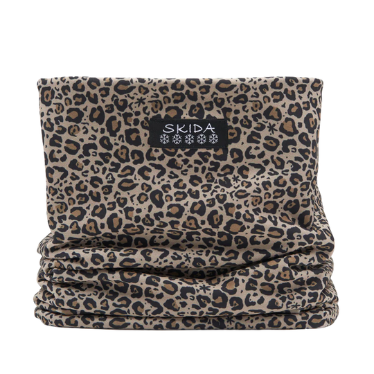 Leopard print neck gaiter with 'Skida' logo on a white background