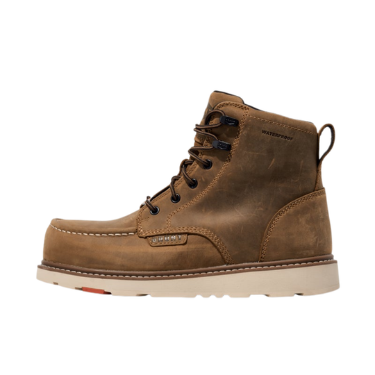 Brown leather boot with visible branding on a white background