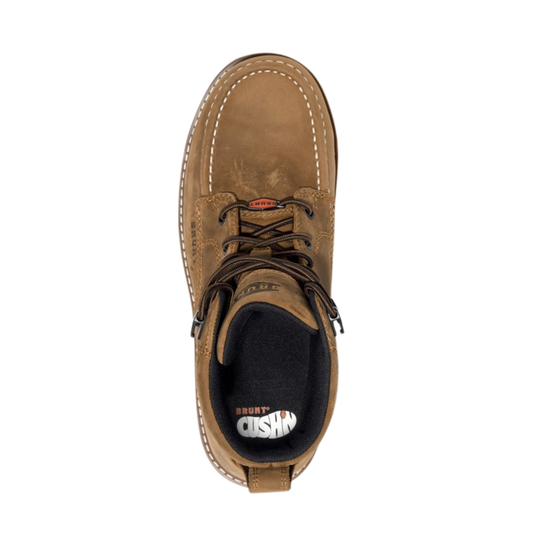 Brown leather boot with black laces on a white background