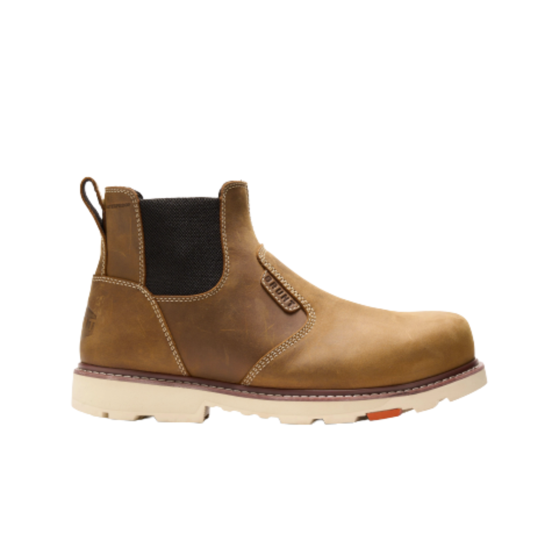 Brown leather boot with a white sole on a white background