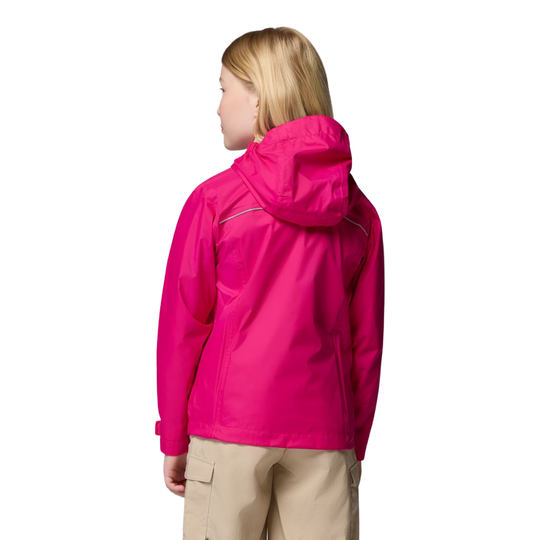 back side of pink rain jacket on white background