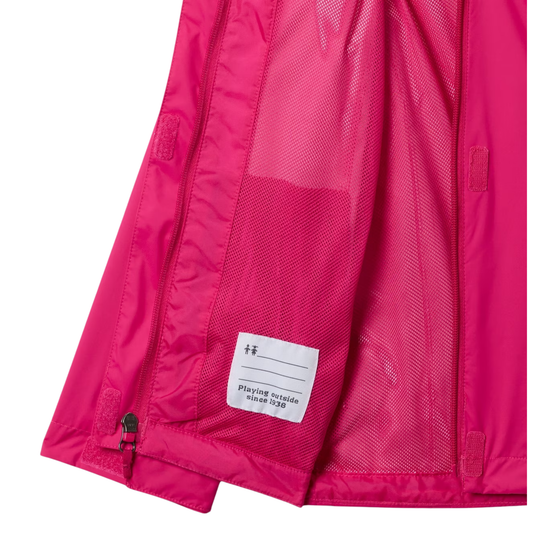 interior pink rain jacket with white tag
