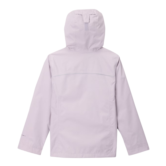 back of purple rain jacket on white background