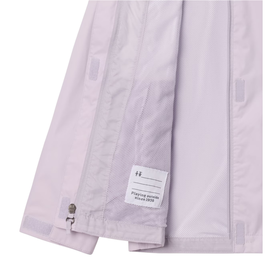 interior of purple rain jacket with white tag label. On white background. 