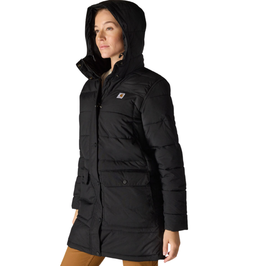 Woman wearing black Carhartt parka on a white background