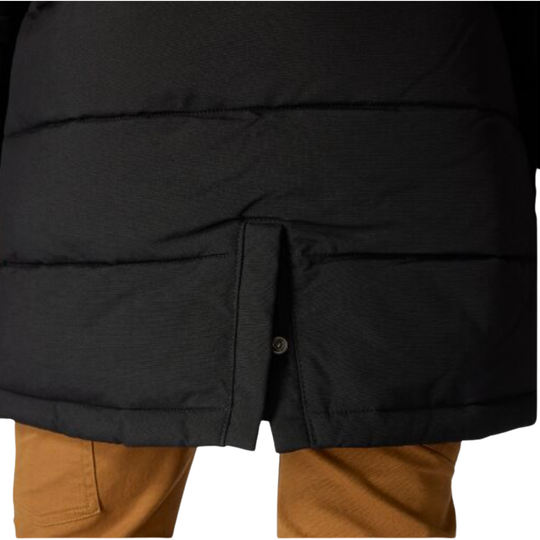 back of black parka with snap button tail drop