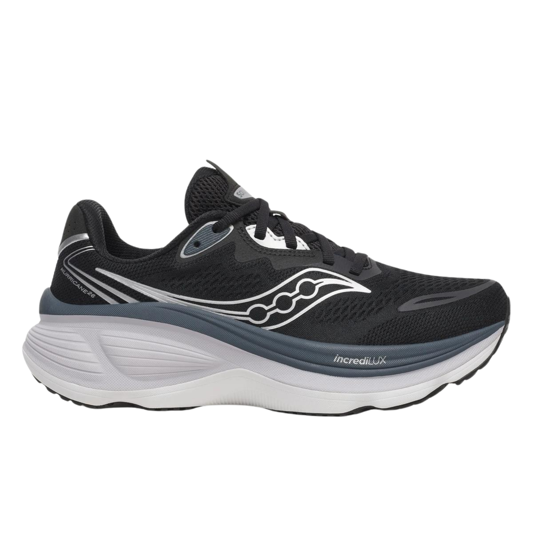 black and grey women's saucony shoe on white background