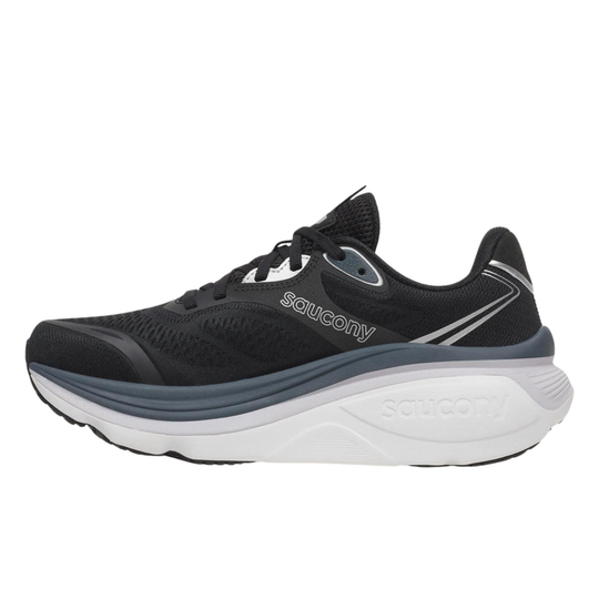 black and grey women's saucony shoe on white background