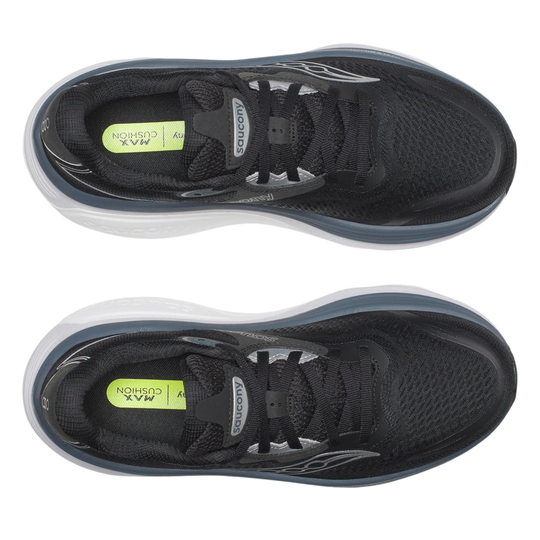 top view of black and grey women's saucony shoe on white background