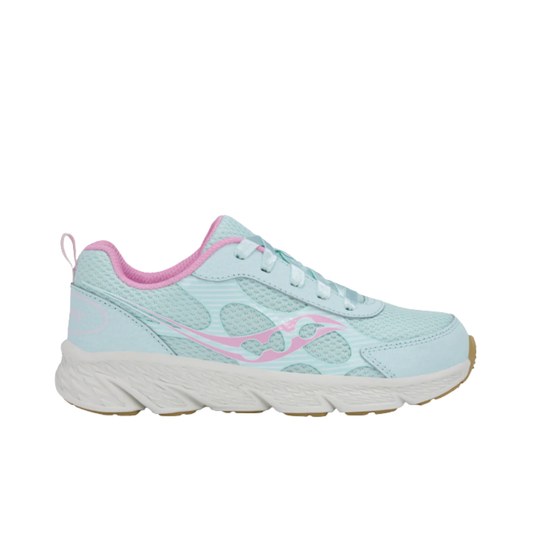 teal and pink saucony kids' shoe on a whitebackground