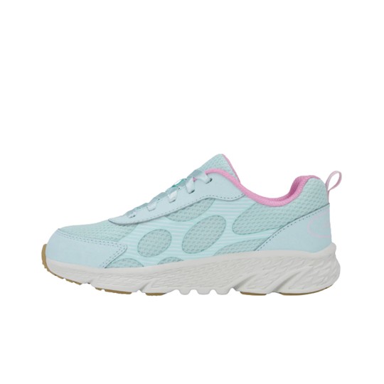 teal and pink saucony kids' shoe on a whitebackground