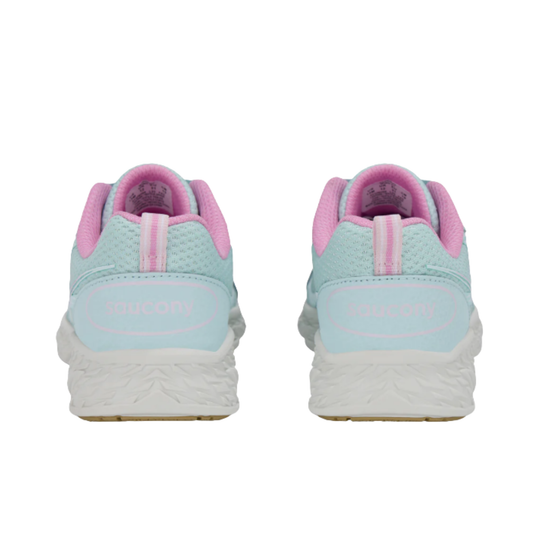 back heels of teal and pink saucony kids' shoe on a white background