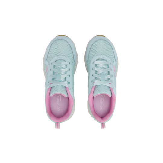 top view of teal and pink saucony kids' shoe on a white background