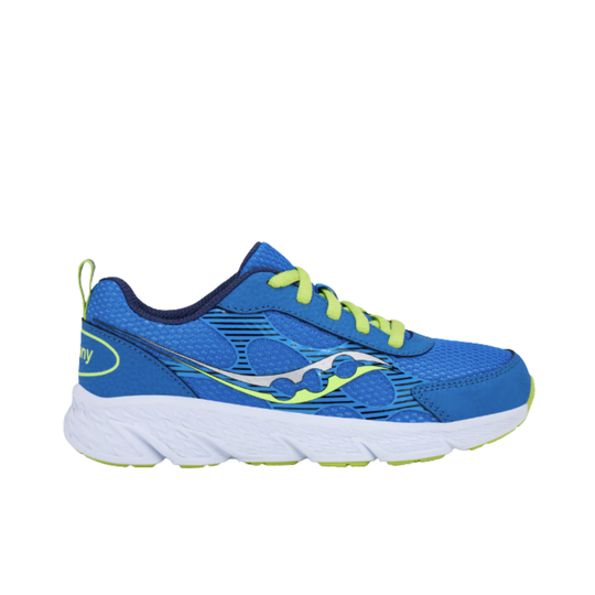 Blue and green saucony kids' shoe on white background
