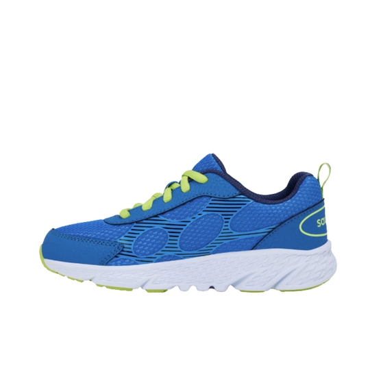 Blue and green saucony kids' shoe on white background