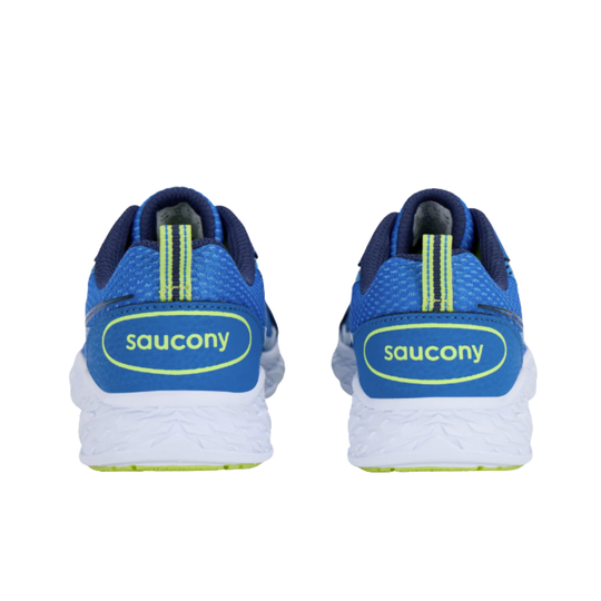 back of heels Blue and green saucony kids' shoes on white background