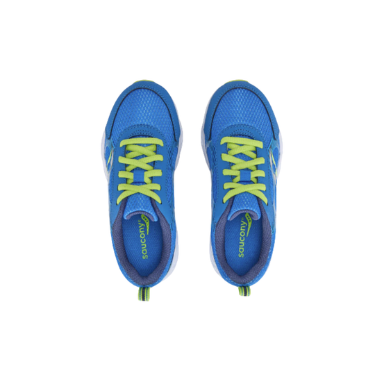 top view of Blue and green saucony kids' shoes on white background
