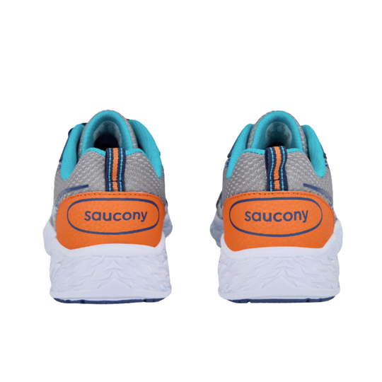 back of heels Saucony Kids' Wind XT Shoes - Grey/Navy on white background