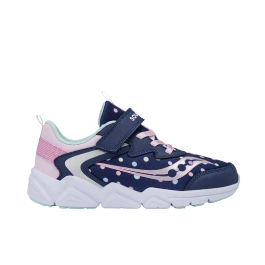 Saucony Kids' Flash LE Shoes - Navy/Pink dot print on white background 