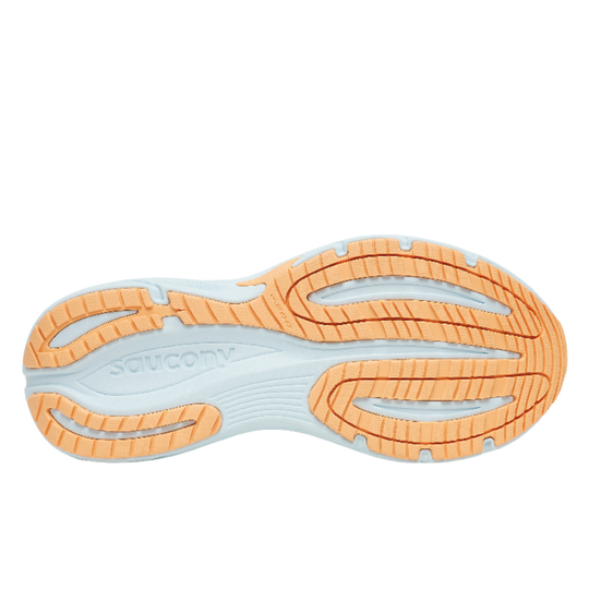 bottom sole of shoe with saucony logo on white background