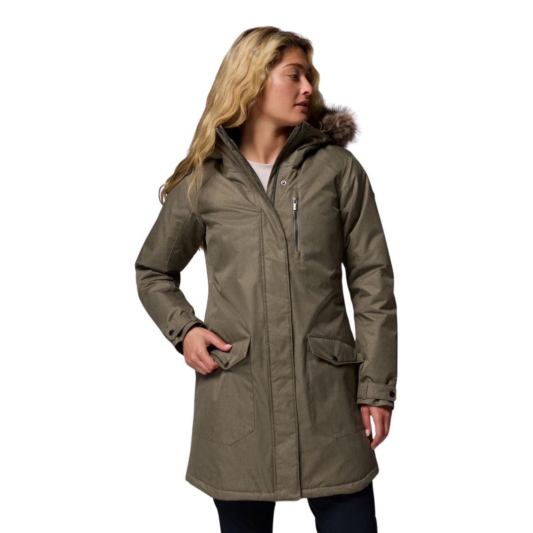 woman wearing Columbia Women's Suttle Mountain Long Insulated Jacket - Stone Green on white background