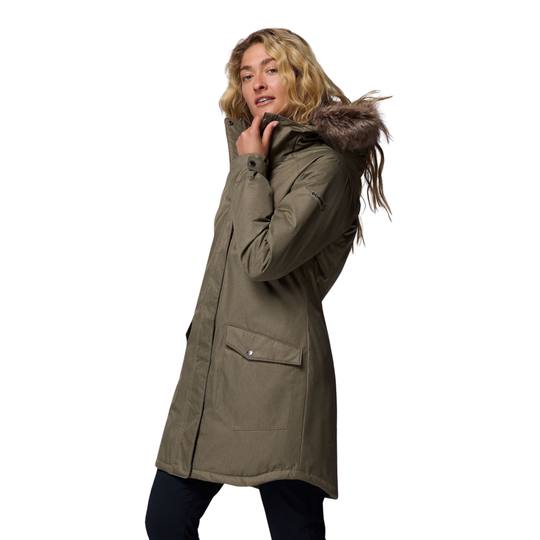 woman wearing Columbia Women's Suttle Mountain Long Insulated Jacket - Stone Green on white background