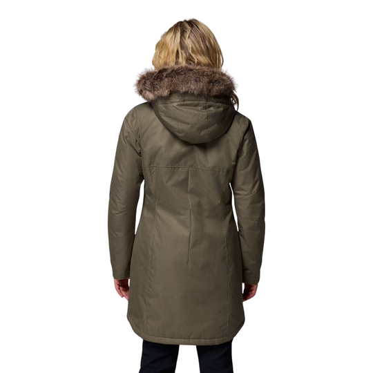back of woman wearing Columbia Women's Suttle Mountain Long Insulated Jacket - Stone Green on white background