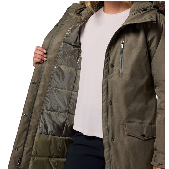 interior of woman wearing Columbia Women's Suttle Mountain Long Insulated Jacket - Stone Green on white background