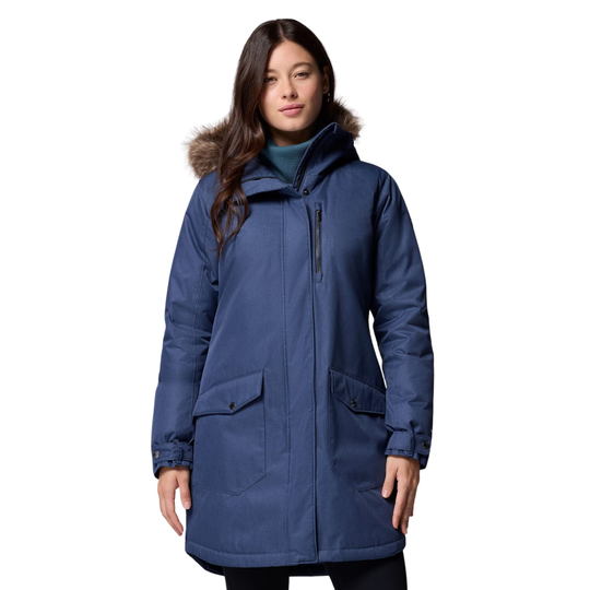 woman wearing Columbia Women's Suttle Mountain Long Insulated Jacket - Collegiate Navy on white background