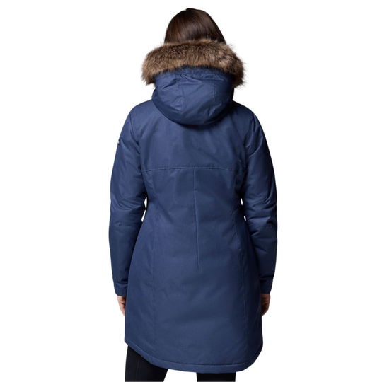 back of woman wearing Columbia Women's Suttle Mountain Long Insulated Jacket - Collegiate Navy on white background