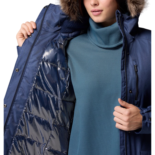 Interior of woman wearing Columbia Women's Suttle Mountain Long Insulated Jacket - Collegiate Navy on white background