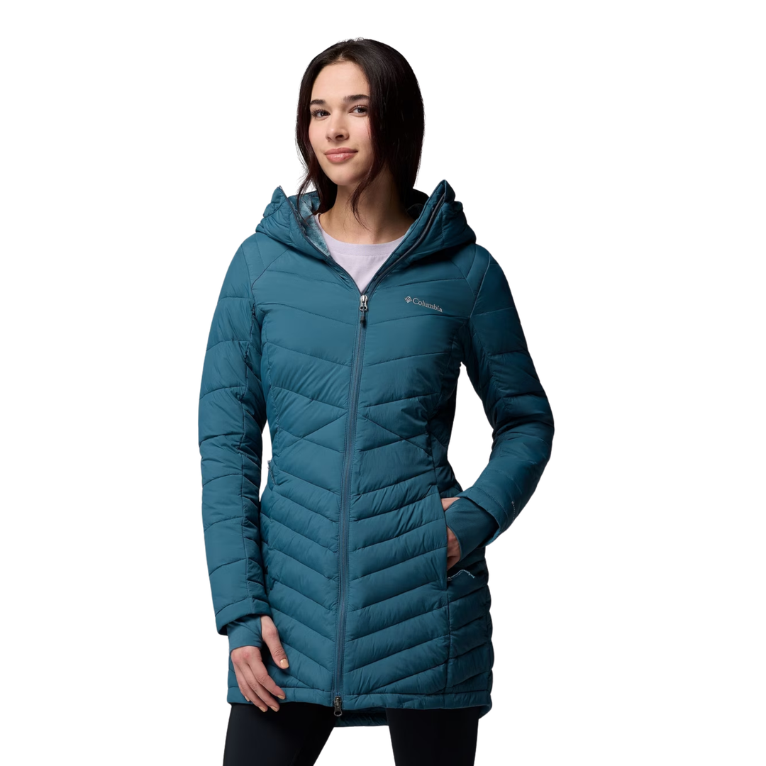 woman wearing Columbia Women's Joy Peak II Mid Hooded Jacket - Everblue on white background