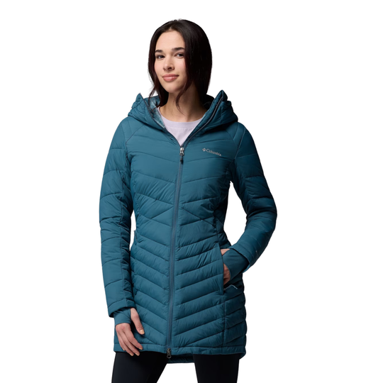 woman wearing Columbia Women's Joy Peak II Mid Hooded Jacket - Everblue on white background
