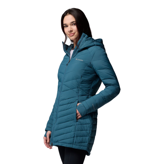 side view of woman wearing Columbia Women's Joy Peak II Mid Hooded Jacket - Everblue on white background