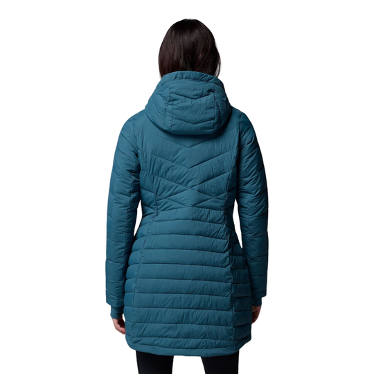back view of woman wearing Columbia Women's Joy Peak II Mid Hooded Jacket - Everblue on white background