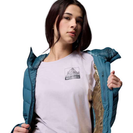 woman wearing Columbia Women's Joy Peak II Mid Hooded Jacket - Everblue on white background