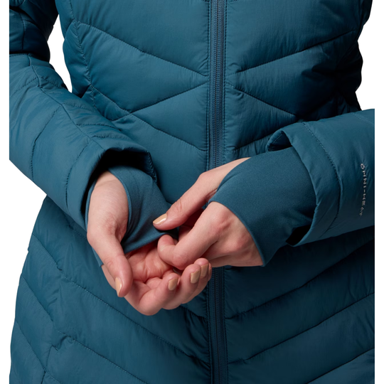 woman wearing Columbia Women's Joy Peak II Mid Hooded Jacket - Everblue on white background zoomed into extendable sleeve