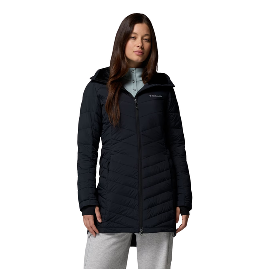 Woman wearing Columbia Women's Joy Peak II Mid Hooded Jacket - Black on white background