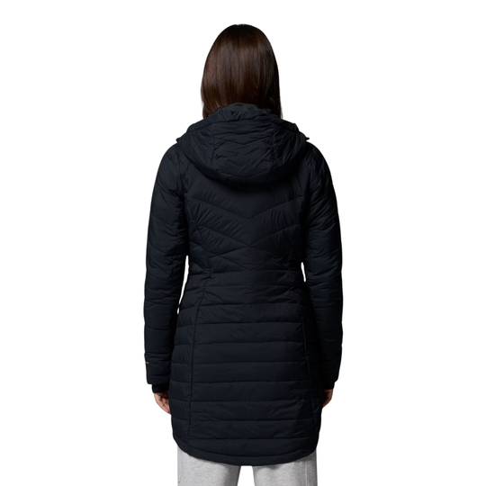 back of Woman wearing Columbia Women's Joy Peak II Mid Hooded Jacket - Black on white background