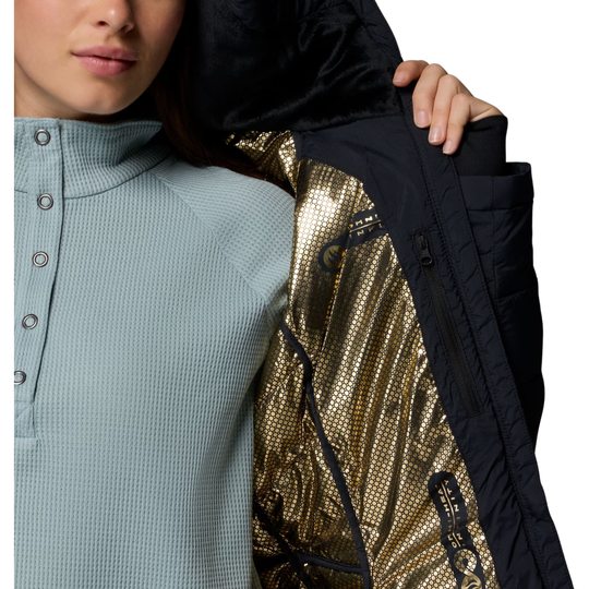 interior of Woman wearing Columbia Women's Joy Peak II Mid Hooded Jacket - Black on white background