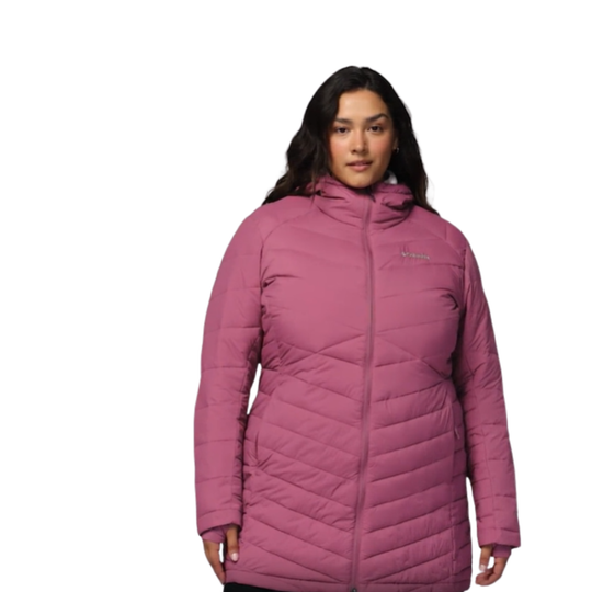 woman wearing Columbia Women's Joy Peak II Mid Hooded Jacket - Antique Mauve on white background
