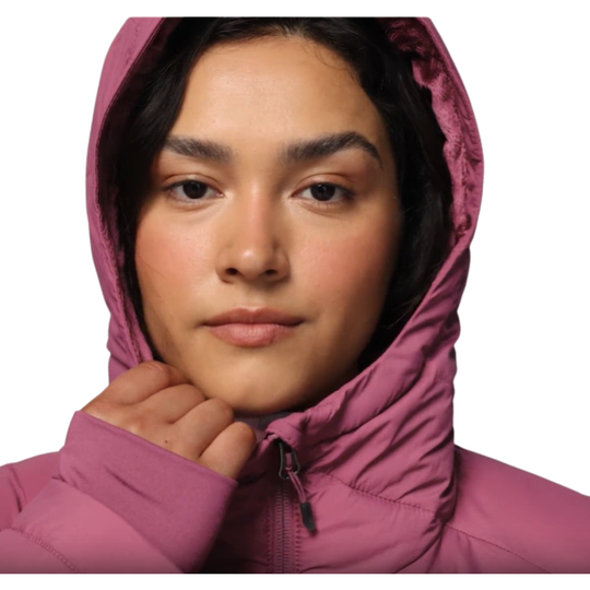 woman wearing Columbia Women's Joy Peak II Mid Hooded Jacket - Antique Mauve on white background zoomed in hood up
