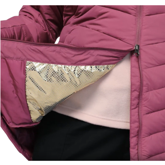 Interior of woman wearing Columbia Women's Joy Peak II Mid Hooded Jacket - Antique Mauve on white background