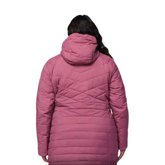back of woman wearing Columbia Women's Joy Peak II Mid Hooded Jacket - Antique Mauve on white background