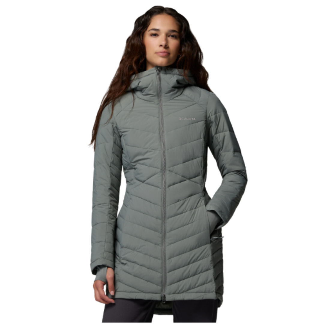 woman wearing Columbia Women's Joy Peak II Mid Hooded Jacket - Sedona Sage on white background