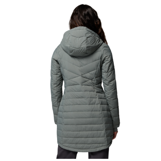 back of woman wearing Columbia Women's Joy Peak II Mid Hooded Jacket - Sedona Sage on white background